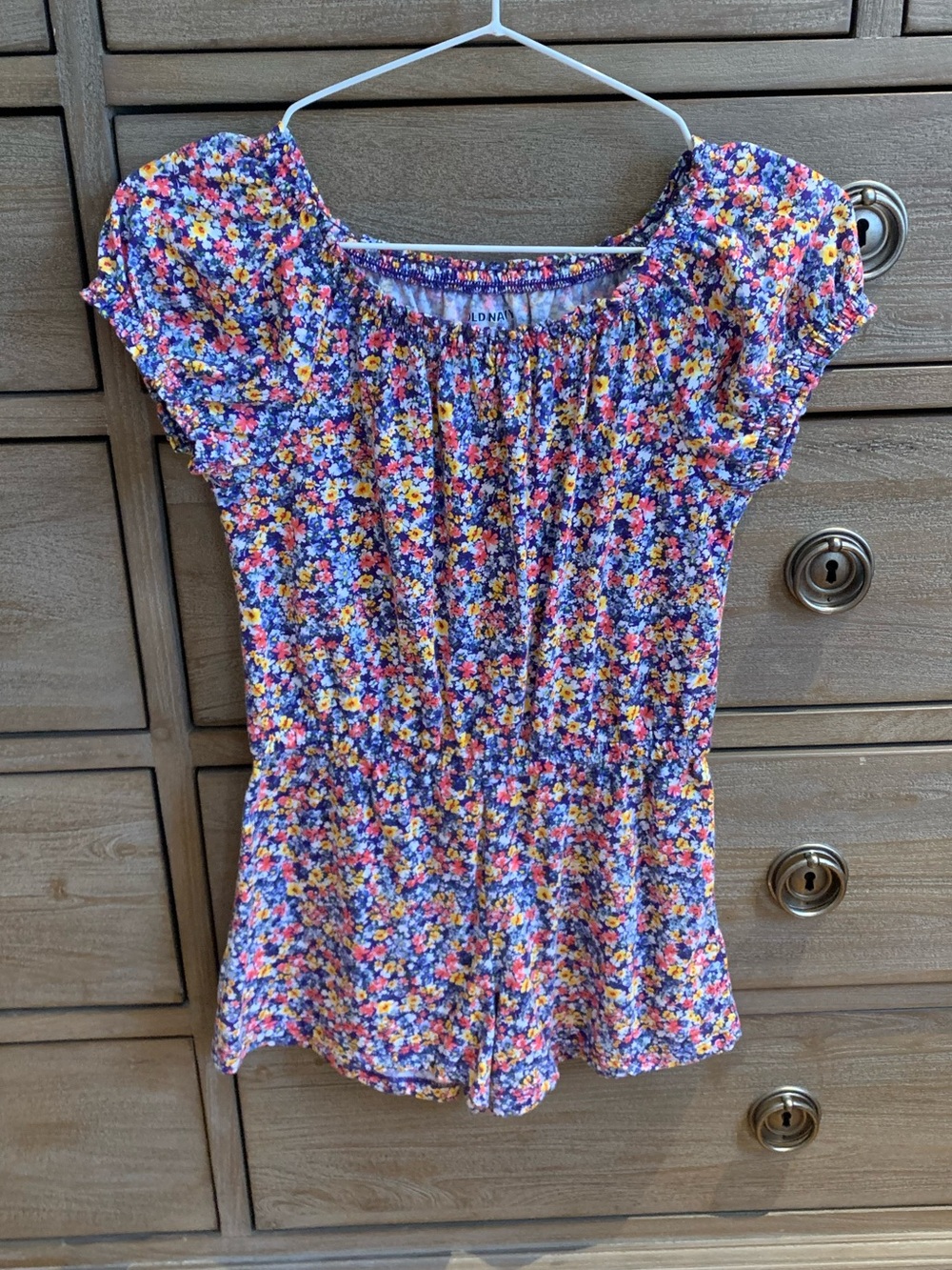 Old Navy Blue Floral Smocked Waist Romper with Pink & Yellow Accents Sz 10-12Y